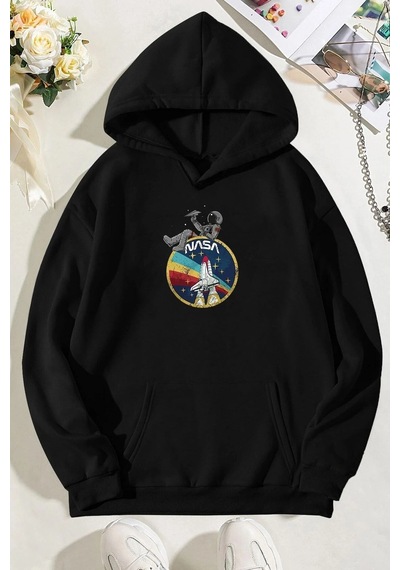 Tarzsokak Unisex Nasa Baskılı Sweatshirt Kp-beyaz-gemı Siyah