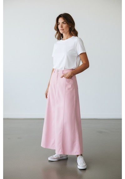 Vellichor Parçalı Uzun Denim Etek - Pembe Çok Renkli