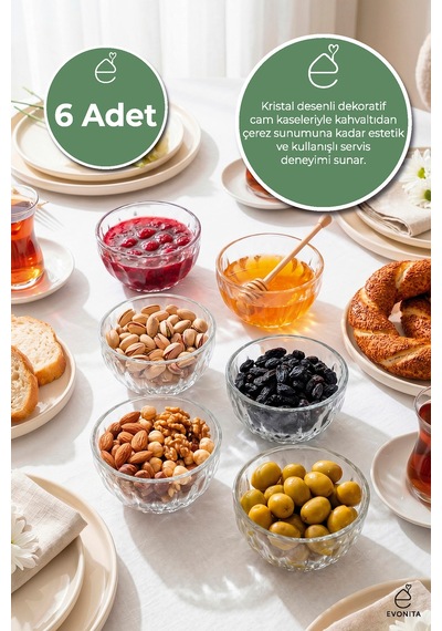 6lı Cam Çerezlik Reçellik Kase Seti 135 Ml Kahvaltılık Sosluk Mini Sunumluk Şeffaf Cam
