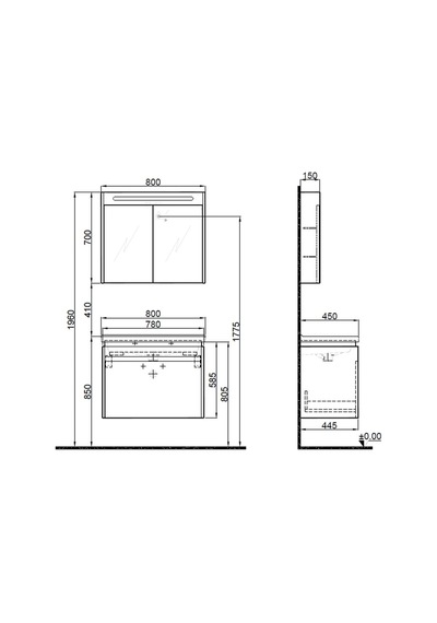 Kale Idea 2.0 80 Cm Tek Çekmeceli Set Pasifik A Lavabo Dolabı + Aynalı Dolap Ceviz
