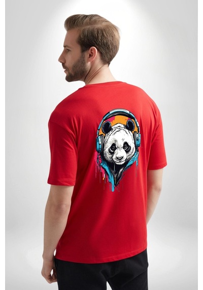 Kulaklık Ayı Panda Kırmızı Oversize Unisex Ön Ve Sırt Baskılı Tişört Kırmızı