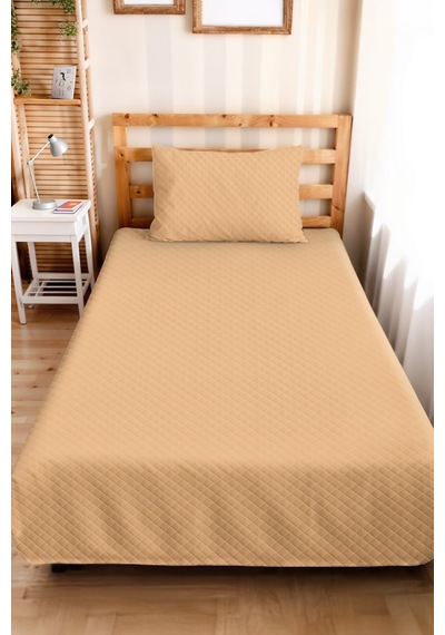 Bej Minimal Genç Odası Tek Kişilik Pike Takımı - Kapitone Sade 160x220 Cm Mevsimlik Yatak Örtüsü Sabahçı Pencere Kıyısı