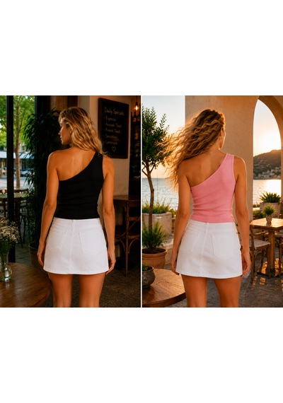 Feyece 2'li Siyah Pudra Tek Omuz Detaylı Kaşkorse Bluz Crop Pudra Pembe