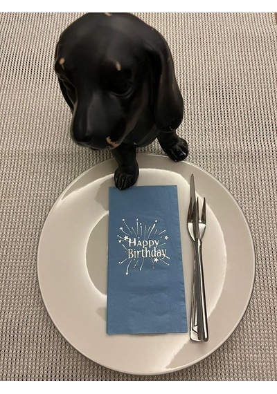Gümüş Yaldızlı Mavi Happy Bırthday Garson Katlama Peçete 16 Adet