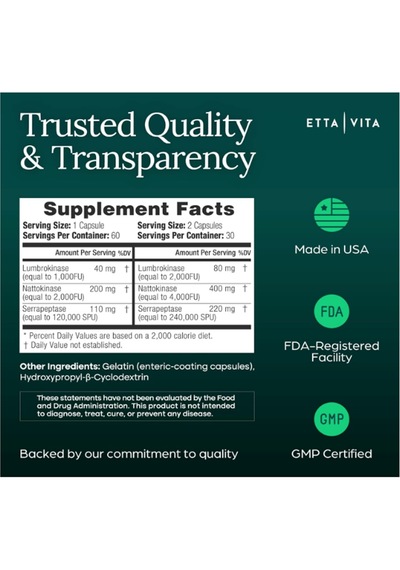 Etta Vita Fibrinolytic Ase Enzymes 60 Kapsül Orijinal Usa Menşeii Dmmedicineden