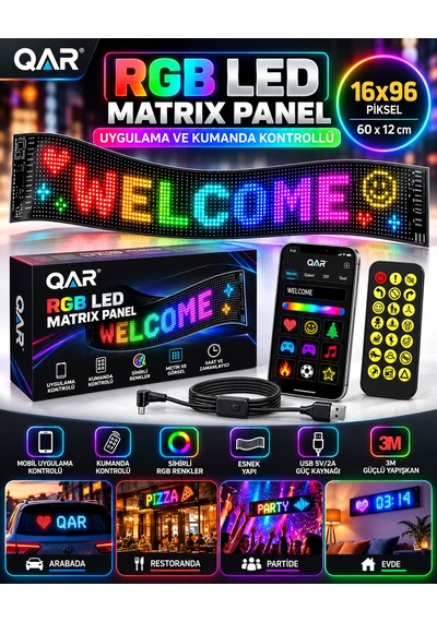 Led Matrix Panel Bluetooth Telefon Kontrollü Programlanabilir Yazı Resim Animasyon Gösteren Rgb Led Ekran Panosu Siyah