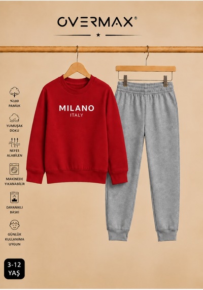 Overmax Milano Baskılı Çocuk Kapüşonsuz Sweatshirt Eşofman Takımı 3-12 Yaş Kırmızı Üst-gri Alt - 918973686 Kırmızı Üst-gri Alt