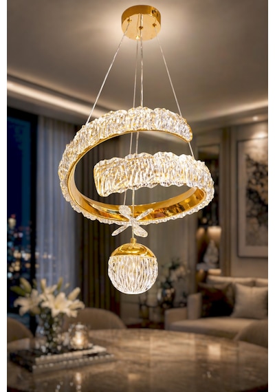 Kumandalı 3 Renk Işıklı Modern Sarkıt Led Avize Krom Kasa Salon,oda ,mutfak ,hol Gold
