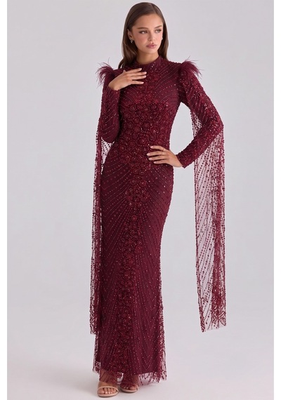 Olcay İnci Ve Taş Desenli Omuzlarında Tüy Ve Pelerin Detaylı Exclusive Tesettür Abiye Elbise Bordo 1108 Olcay İnci Ve Taş Desenli Omuzlarında Tüy Ve Pelerin Detaylı Exclusive Tesettür Abiye Elbise Bordo 1108