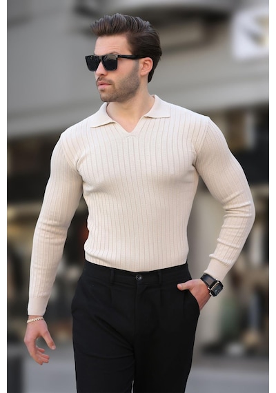 Madmext Bej Polo Yaka Çizgili Uzun Kollu Erkek Kazak 7289 Bej