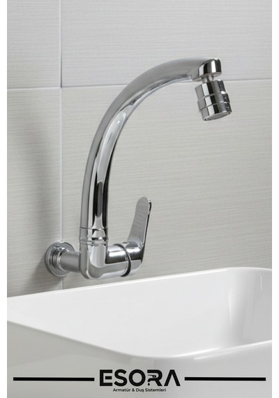 360 Oynar Başlıklı Kuğu Borulu Duvardan Tek Su Mutfak - Banyo Ve Lavabo Bataryası Krom