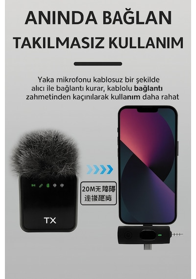 Kablosuz Tüylü Yaka Mikrofonu F11 Model 3'ü 1 Arada Type-c Apple Uyumlu iPhone  3.5mm  Tekli Set Tak Çalıştır