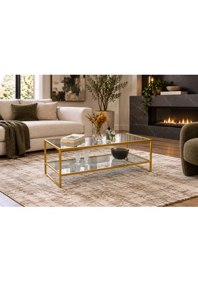 Teknor Şeffaf Camlı Gold Orta Sehpa Çift Raflı Modern Tasarım 90 50 46 Cm Altın