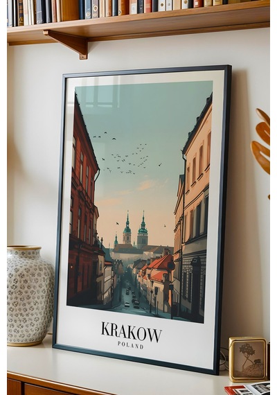 Krakow Poland Vintage Seyahat Posteri Çerçeveli Tablo - Premium Tarihi Şehir Elit Duvar Dekoru Siyah