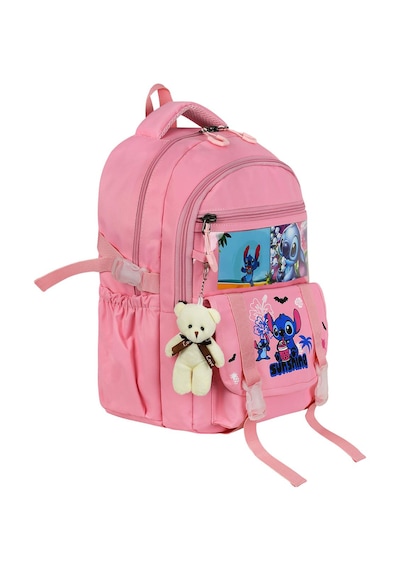Stitch Baskılı Ortopedik Aksesuarlı Anahtarlıklı Okul Çantası Termal Beslenme Ve Kalemlikli Set Pembe