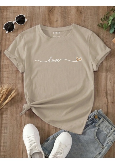 Unisex Pamuklu Love Kalp Ön Baskılı Tasarım Tshirt Bej