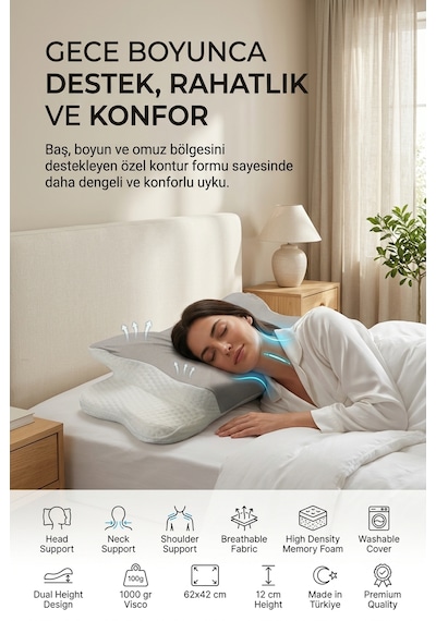Ergonomik Visco Memory Foam Boyun Destek Yastığı 62x42 Cm Çift Yükseklikli Premium Uyku Yastığı Açık Gri