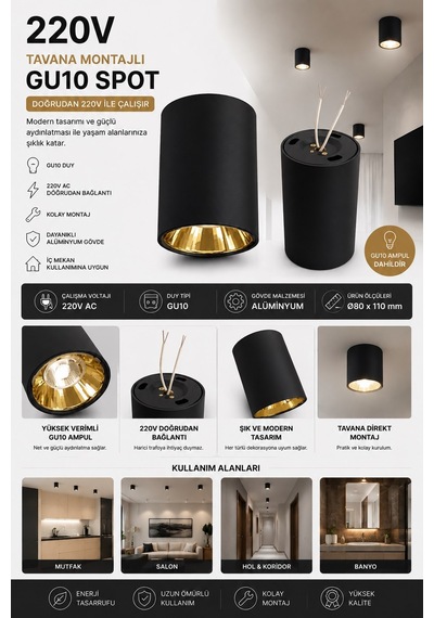 Siyah Gold Metal Gu10 Spot Armatür 4000k Gün Işığı - Ampul Dahil Siyah - Gold