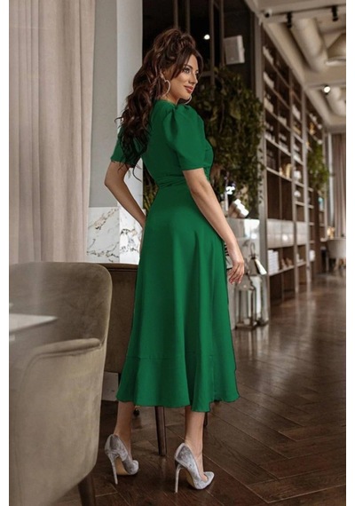Veraura Lifestyle Kadın Kruvaze Yaka Midi Boy Kuşaklı Krep Elbise 120 Cm Yeşil