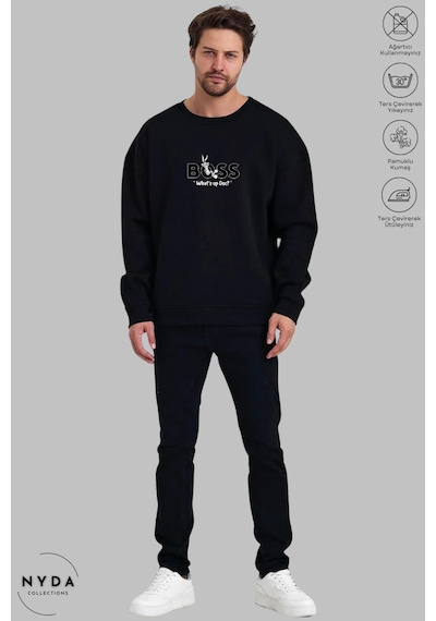 Unisex Bugs Bunny Baskılı Bisiklet Yaka Kapüşonsuz Şardonlu Oversize %100 Pamuk Penye Sweatshirt Siyah