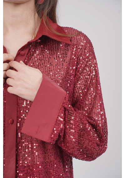 Mayrem Oversize Kesim Pul Payet Gömlek bordo