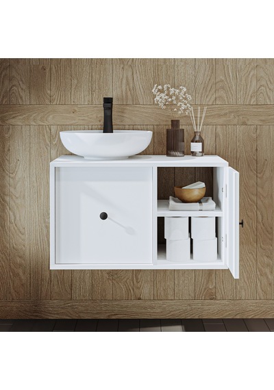 Gusto Ayaksız Oval Lavabolu Mdf 75 Cm Çekmeceli Banyo Dolap Beyaz Mat Beyaz