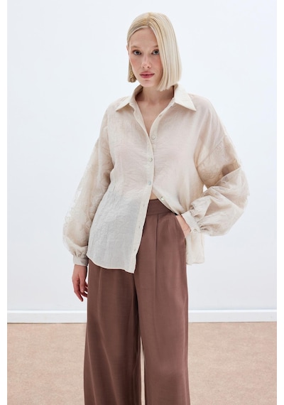 Sateen Nakış Detaylı Kraşlı Gömlek - Bej-136255 Bej