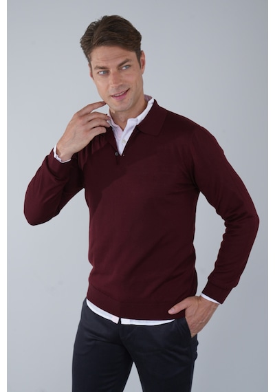 Bisse Bordo Düğmeli Polo Yaka Erkek Yün Triko Tr24k24201 D25 Bordo