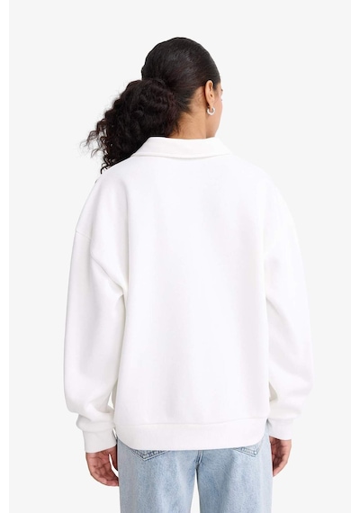 Defacto Relax Fit Polo Yaka Baskılı Kalın Sweatshirt F1064ax25auer105 Ekru