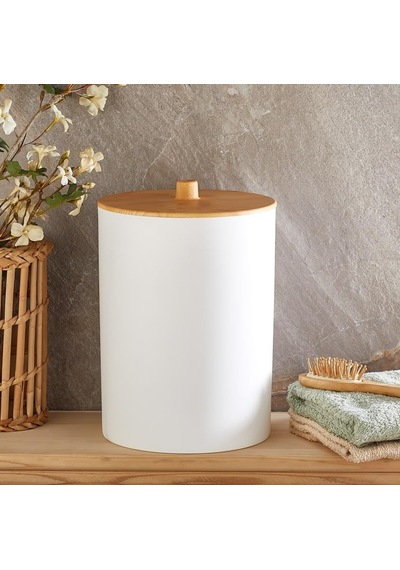 Bambu Görünümlü Ahşap Desen Çöp Kovası Banyo - Mutfak - Tuvalet - Balkon Beyaz, 6 Litre Siyah