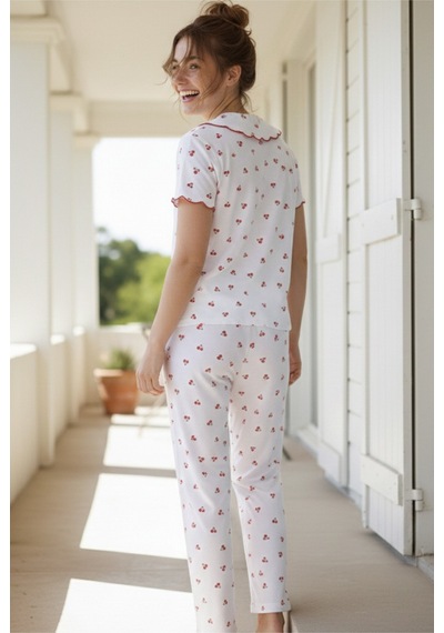 Siyah İnci Yakalı Düğmeli Fitilli Kaşkorse Örme Pijama Takım 26120503 Beyaz