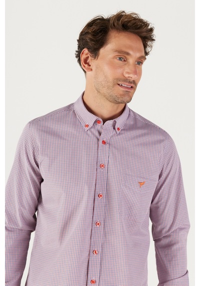 AC&Co / Altınyıldız Classics Erkek Lacı Kırmızı Slim Fit Dar Kesim Düğmeli Yaka Logolu Cepli Pamuklu Çizgili Gömlek Lacivert - Kırmızı