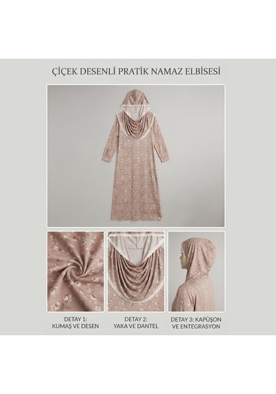 Bej Çiçek Desenli Dantel Detaylı Kapüşonlu Ve Eşarplı Namaz Elbisesi Xl Haki