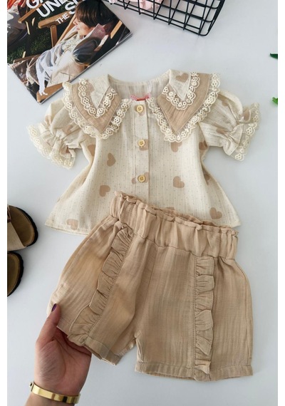 Miniğimin Cicileri Müslin Kalp Desenli Yakalı Kız Bebek 2 Li ... Bej