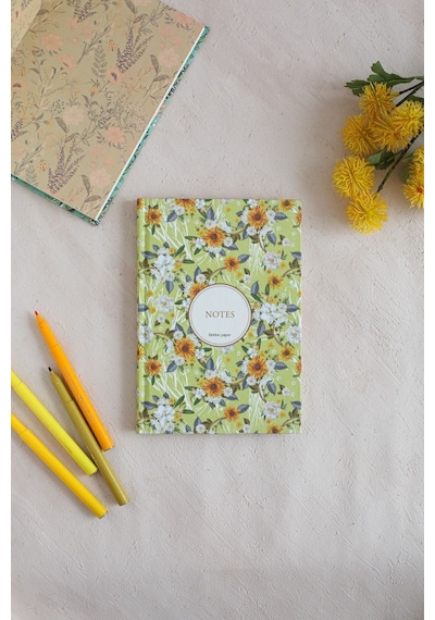 Çiçekli Bez Ciltli Defter / Çizgisiz Sarı