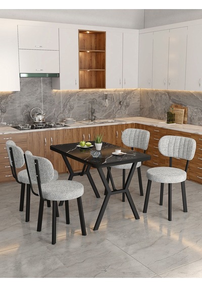 Azra 70x110cm Bendir Mutfak Masası, Mutfak Masası Takımı, Yemek Masası, 4 Açık Gri Sandalye Açık Gri