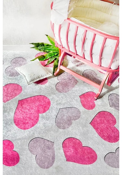 Bespoky Geometrik Desenli Halısı Dijital Baskı Kaymaz Pembe - Açık Gri
