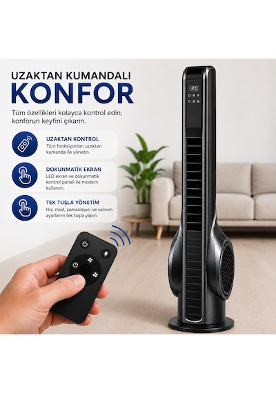 Turbo Akıllı Fan 70w Uzaktan Kumandalı Kule Vantilatör, Aromaterapi Özellikli, Dokunmatik Led Ekranlı, 3 Hız Kademeli, 3 Modlu, 12 Saat Zamanlayıcılı, Sessiz Çalışma, Salınımlı Fan