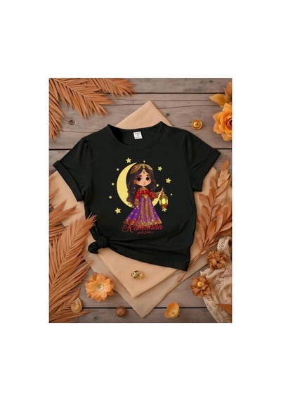 Stil X Ramazan Bayramı Baskılı Kız Çocuk Tshirt, %100 Pamuklu Kumaş Siyah-2