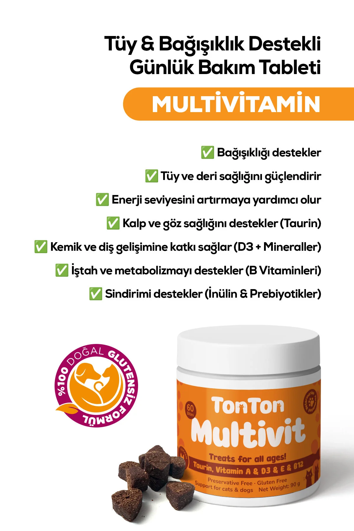 Multivitamin Kedi Köpek Tüy Ve Bağışıklık Destekli Günlük Bakım Tableti