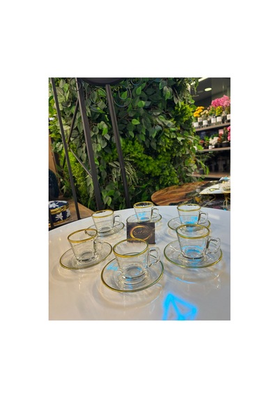 Özel Tasarım Gold Yaldızlı 6 Kişilik 12 Parça Kahve, Çay Fincanı Espresso Takımı, Cam Fincan, Modern