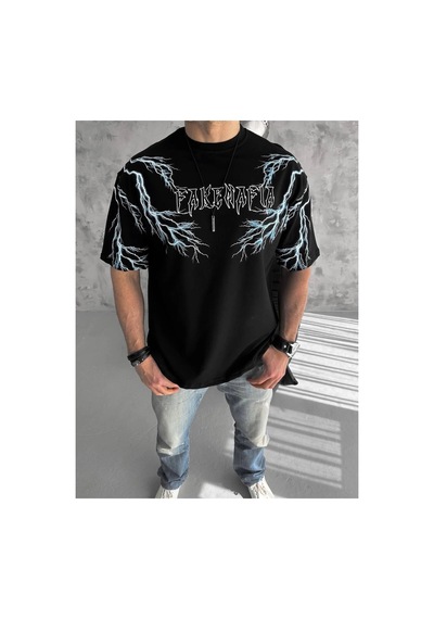 Erkek Bisiklet Yaka Tişört Yıldırım Şimşek Baskılı Kısa Kol T-shirt -siyah