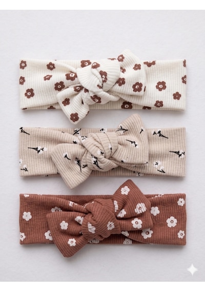 Kız Bebek 3 Lü Ribana Fiyonklu Bandana Seti - Kahverengi