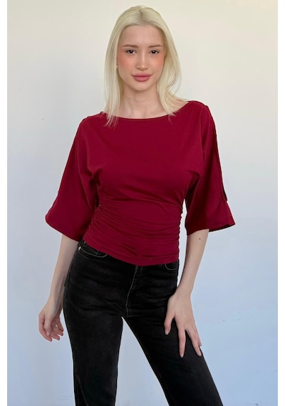 Madmext Bordo Belden Büzgülü Yarasa Kollu Açık Omuz Bluz Mg2672 bordo
