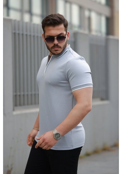 Veraura Lifestyle Erkek Fermuar Yakalı Çizgi Detaylı Kısa Kollu Tişört gri
