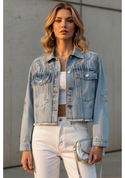 Esb Design Kadın Mavi Taşlı Zincirli Cepli Mevsimlik Düğmeli Kısa Denim Ceket A36-082