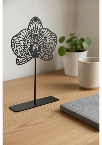 Metal Orkide Masaüstü Biblo Minimalist Bohem Siyah Ofis Dekorasyon Objesi Yükseklik: 18 Cm