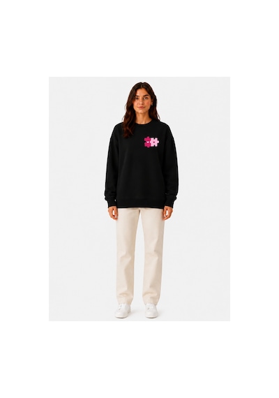 Herkesemoda Renkli Puzzle Baskı Detaylı Şardonlu 2 İplik Bisiklet Yaka Sweatshirt Siyah