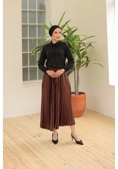 Storm Wear Kadın Pliseli Bel Lastikli Etek Kahverengi