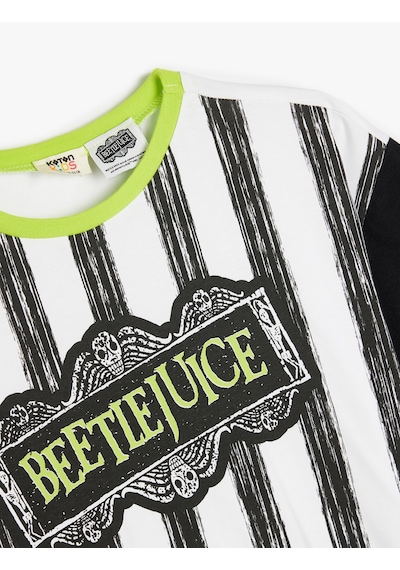 Koton Beetlejuice Tişört Lisanslı Kısa Kol Bisiklet Yaka Pamuklu Beyaz Çizgili 5wkb10336tk Beyaz